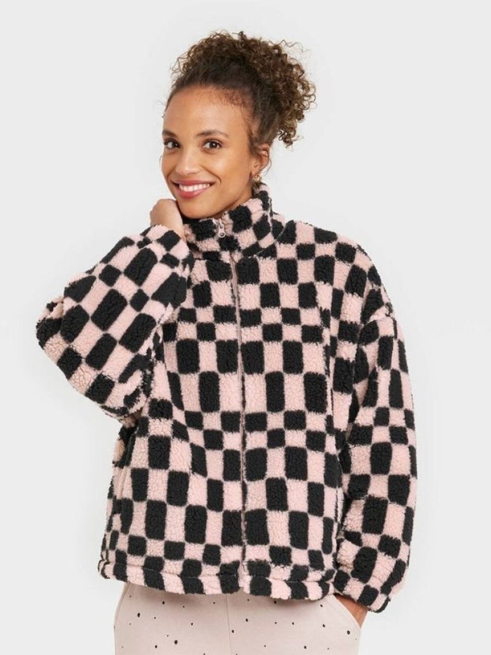 A New Day Pink and Black Checkered Fleece Teddy Jacket
